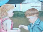 Painting shows our city cousin learning how to feed the chickens