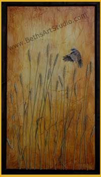 Painting of a Grasshopper Sparrow fluttering in the wheat field