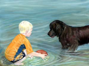 Painting of prairie artist Beth Campbell's nephew playing with his dog in Diefenbaker Lake