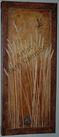 Painting of a dragon fly and a mouse in the wheat field