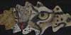 Painting of ocelot eyes on an oak leaf by artist Beth Campbell