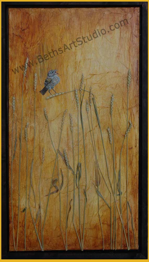 A grasshopper sparrow in the prairie wheat field